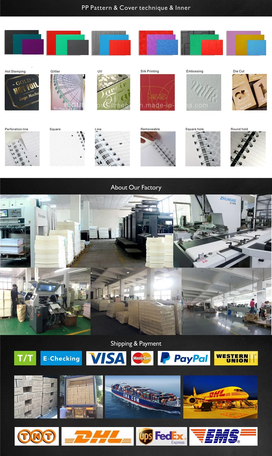 Office Supplies Hardcover Perforated Pages Plastic PP Custom Printing A4 A5 A6 B5 Spiral Notebook with Subjects